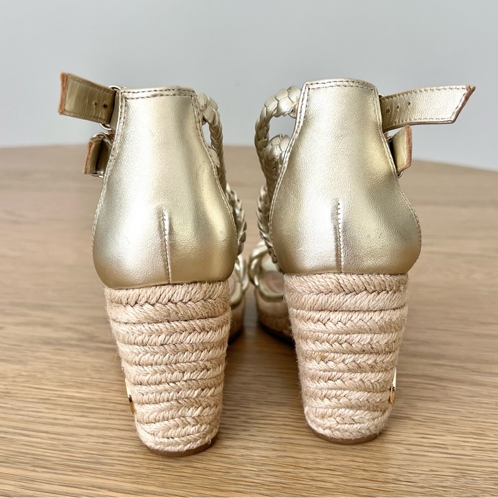 Tory Burch Bailey Metallic Leather Braid Espadrille Wedge Platform Sandals Gold - Picture 8 of 15